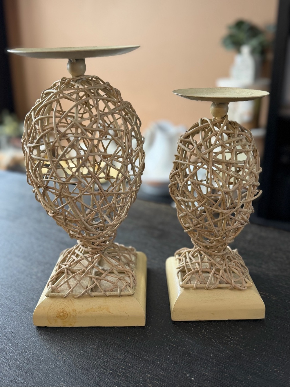 Neutral Beige Woven Rattan-Style Candle Holders Set